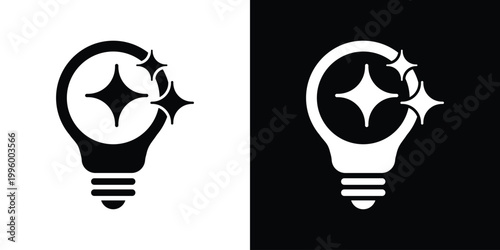 Icon of a light bulb containing sparkling star shapes. Symbolizes creativity, inspiration, brilliant ideas, magic, and illuminating concepts. High-quality black and white vector graphic.