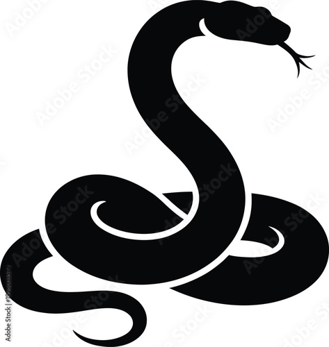 Black silhouette of a coiled snake forming a stylized knot or infinity symbol on a white background, with its head raised and tongue flicking, conveying power and mystery