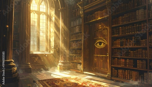 Awe-Inspiring Grand Library Hall Lit by Streaming Sunlight, Highlighting a Mystical Eye Symbol on an Antique Wooden Door, A Haven of Ancient Texts and Esoteric Secrets