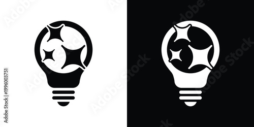 Icon of a light bulb containing sparkling star shapes. Symbolizes creativity, inspiration, brilliant ideas, magic, and illuminating concepts. High-quality black and white vector graphic.