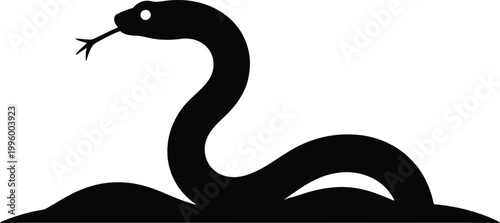 Black silhouette of a striking serpent with forked tongue extended, positioned on a white background, representing danger and alertness
