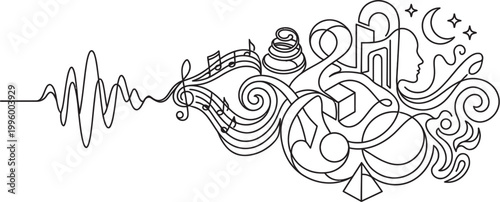 Abstract representation of sound waves transforming into musical notes and symbolic imagery with moon and stars