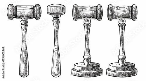 Line art illustration of various wooden mallets used for law and auctions