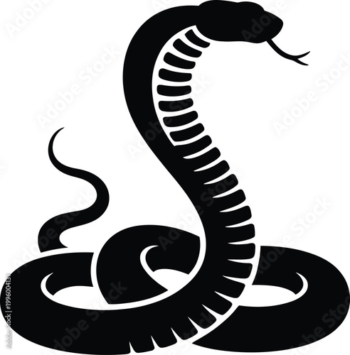 Detailed black silhouette of a cobra with segmented body texture, forked tongue extended, isolated on a white background, symbolizing strength and danger