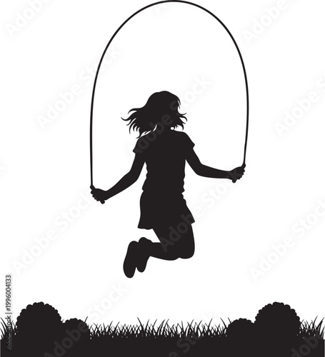 Silhouette of a child jumping rope outdoors with childhood memory, white