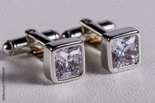 Elegant Cufflinks: Capturing the refined luxury of a pair of silver cufflinks, each adorned with a sparkling, square-cut gemstone, gleaming against the backdrop.