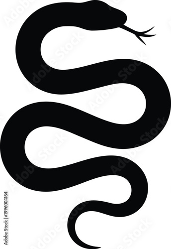 Dynamic black silhouette of a winding snake with forked tongue extended, presented vertically on a white background