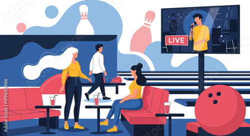 A vibrant bowling alley scene features people socializing watching a live performance on a large screen