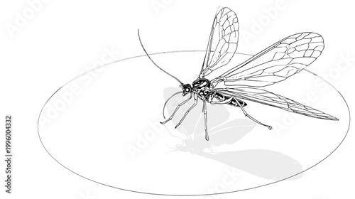 Insect with long antennae, detailed wings, standing on a circle, with a soft shadow