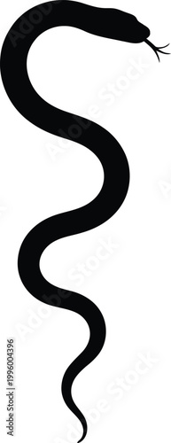 Silhouette of a black snake with its tongue flicking out, coiled in a vertical s-shape against a clean white background, representing danger and stealth