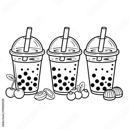 Boba tea drinks with colorful straws and fruits on a white background