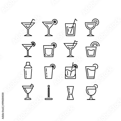 Cocktail icons set with various glasses and shaker on a light background for mixology design