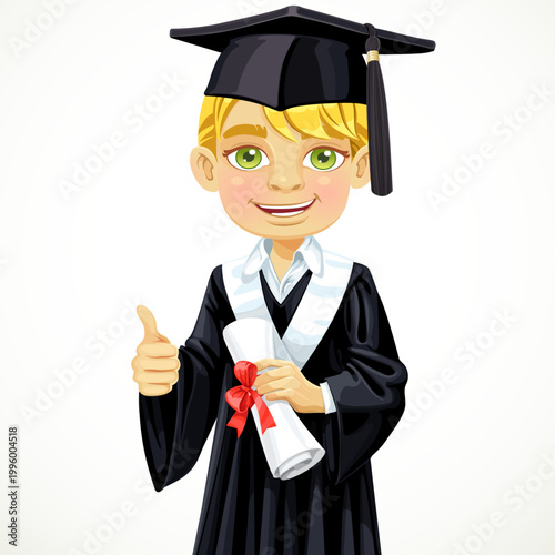 Happy student blond boy holding a diploma