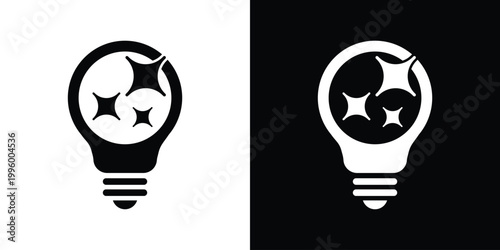 Icon of a light bulb containing sparkling star shapes. Symbolizes creativity, inspiration, brilliant ideas, magic, and illuminating concepts. High-quality black and white vector graphic.