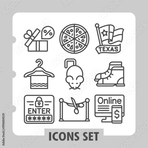 Set of nine vector line icons featuring business, finance and online shopping concepts on white background. Ideal for web, digital projects and print media.