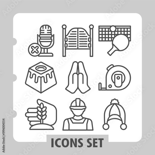 Set of nine line icons representing recording, sweets, gardening, communication, industry and productivity concepts on white background. Ideal for web, digital projects and print media.