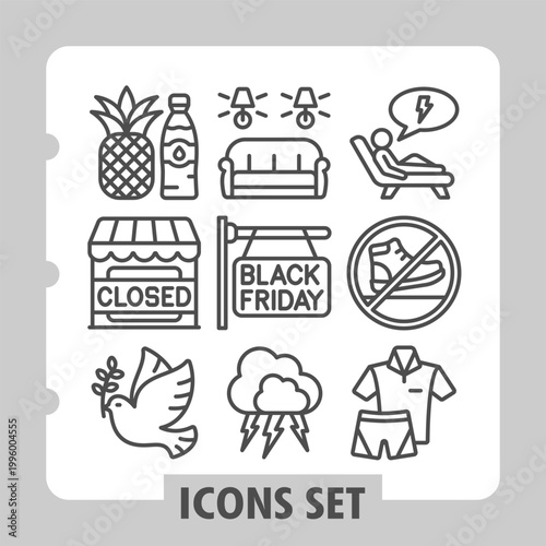 Set of nine clean line icons depicting travel, holiday, relaxation, shopping and business concepts on white background. Ideal for web, digital projects and print media.