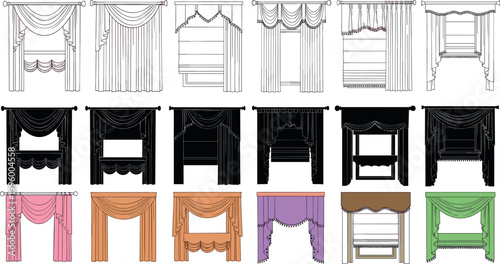 Window curtains vector set with drapes valances blinds and decorative interior treatments line silhouette and flat illustration collection