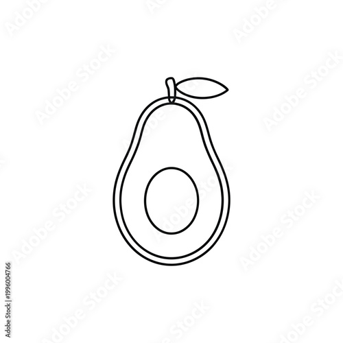 Simple line drawing of a halved avocado with a pit and stem