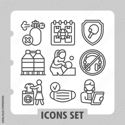 Set of nine clean line icons depicting healthcare, medical and daily essentials concepts on white background. Ideal for web, digital projects and print media.