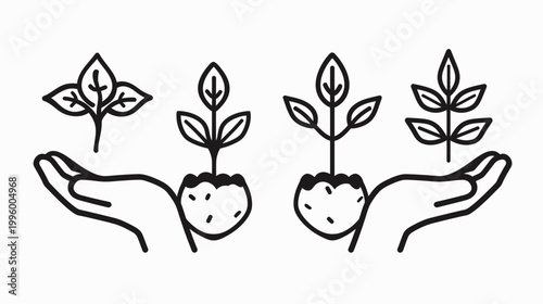 Black and white line art featuring stylized hands cupping plants with leaves, on a white background