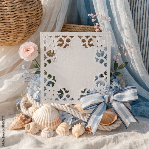 Coastal still life arrangement featuring seashells lace and soft pink florals