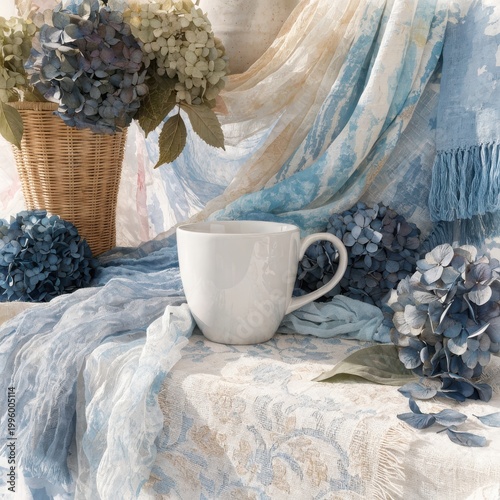 Coastal still life featuring a white mug elegant textiles and soft blue hydrangeas
