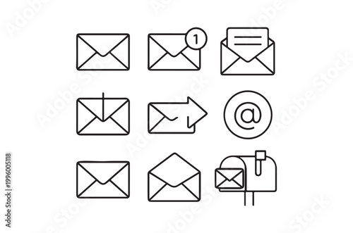 A collection of nine black and white email and message icons