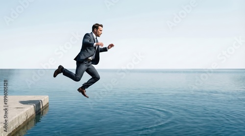 Business Person springt ins Wasser als Metapher für Risiko, Mut und einen Neuanfang, dynamisches Konzeptbild mit viel Copy Space.