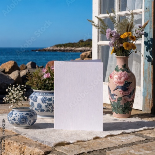 Decorative vase and ceramic jars arranged on stone near a serene ocean view
