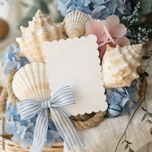 Seashell arrangement with dusty blue flowers and decorative ribbon on a rustic background