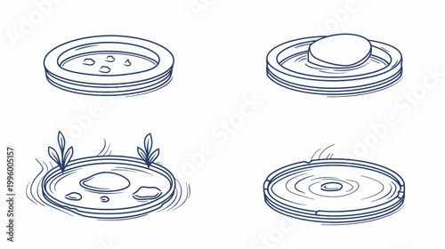 Four stylized illustrations of small, round ponds with variations in detailing, rocks, and ripples