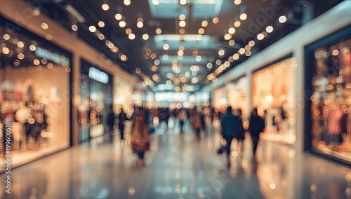 Blurred image of a busy shopping mall interior with people walking.