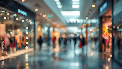 Blurred image of people walking inside a modern shopping mall.