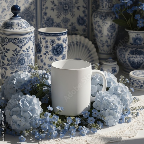 White mug centerpiece surrounded by blue hydrangeas and blue and white vintage decor