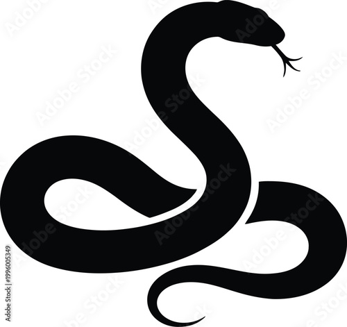 Striking black silhouette of a coiled serpent with forked tongue flicking, isolated on a white background, representing reptilian power and mystery
