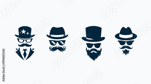 Four stylized avatars hats, glasses, beards, mustaches in dark blue on white background