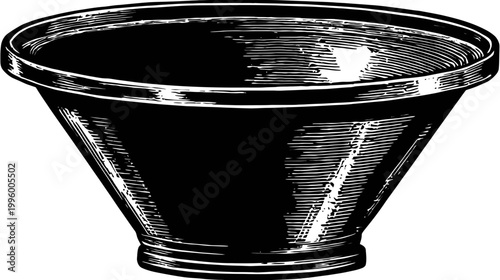 Engraved-style dark bowl with rim, conical shape. Black and white image, isolated