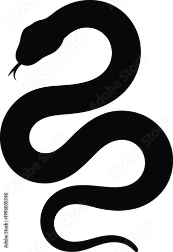 A bold black silhouette of a serpent coiled in an s-shape, with its head held and a forked tongue visible, isolated on a stark white background, representing primal instincts or a stylized creature