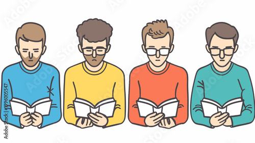 Four men with different hair/shirt colors, all reading books in a drawn style