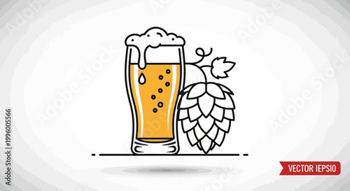 Beer glass with foam and hop cone illustration