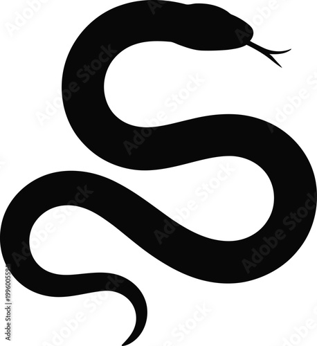 A sinuous black silhouette of a snake in a horizontal s-shape, with its head turned and tongue flicking, isolated against a plain white background, conveying a sense of stealth