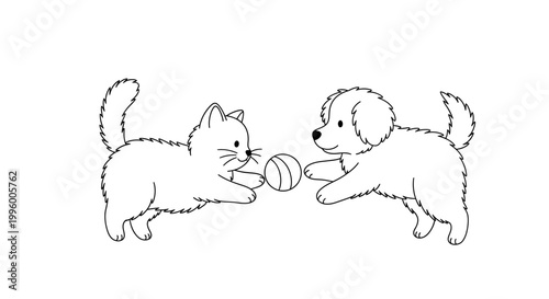 Cat and dog playing with ball.