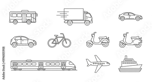 Collection of Hand Drawn Transportation Vehicles and Modes of Travel.