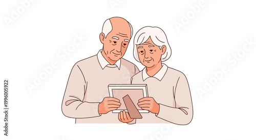 Elderly couple looking at tablet.