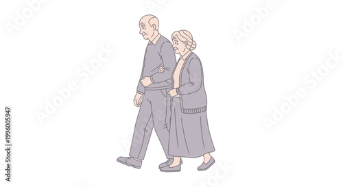 Elderly couple walking together outside.