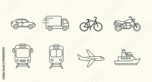 Collection of various transportation vehicles in simple line art style.