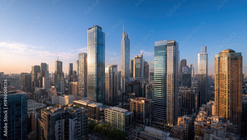 Obraz premium Modern Cityscape with Tall Skyscrapers at Sunrise.