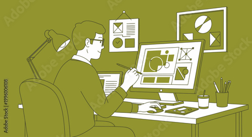 Graphic designer man working on computer in creative office