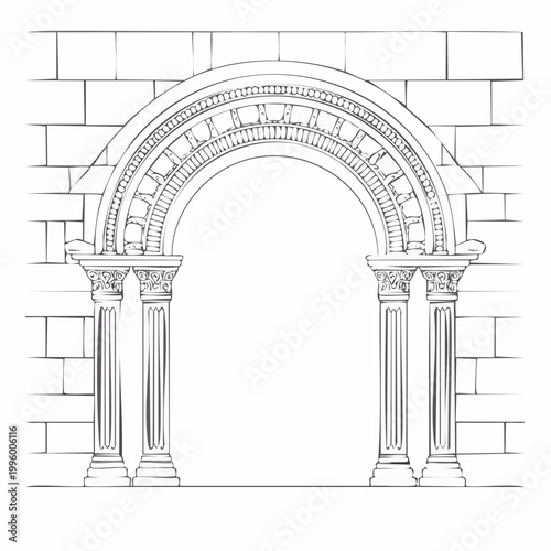 Romanesque Archway with Columns and Brick Wall Illustration